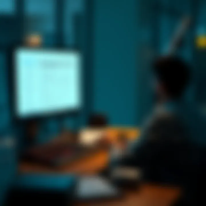 A person sitting at a desk, focused on a computer screen displaying frequently asked questions, taking notes