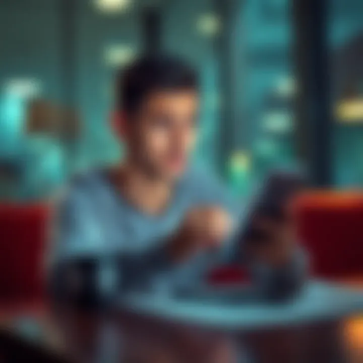 A person sitting at a table, looking at their smartphone with a concerned expression while reading news articles.
