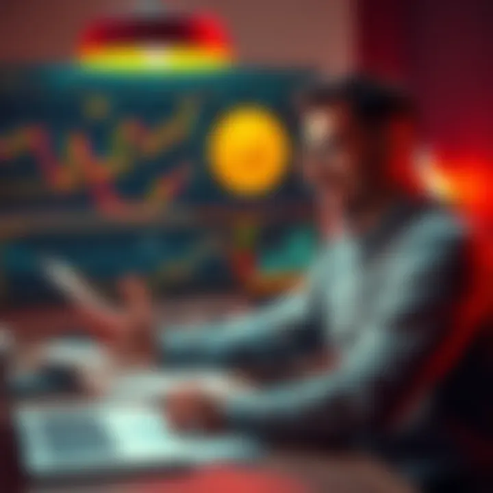 A person sitting at a desk, looking at cryptocurrency charts and notes about Bitcoin alternatives, appearing excited and contemplative