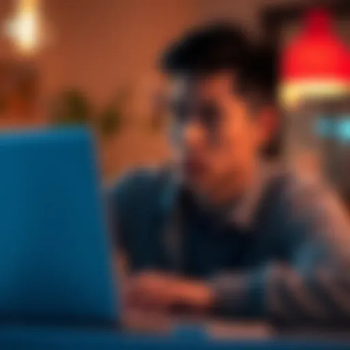 A person looking concerned while typing on a laptop, seeking advice about a service issue