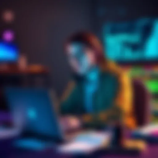 A person in front of a laptop, learning about cryptocurrency and programming with notes scattered around