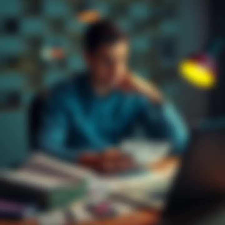 Person sitting with a worried expression, thinking about borrowing money to buy Ethereum, surrounded by financial papers and a laptop.