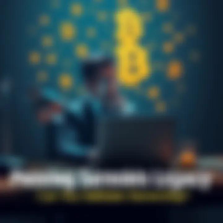 A person sitting at a desk looking puzzled while holding a laptop, surrounded by digital cryptocurrency symbols, symbolizing the search for proof of Satoshi Nakamoto's identity.