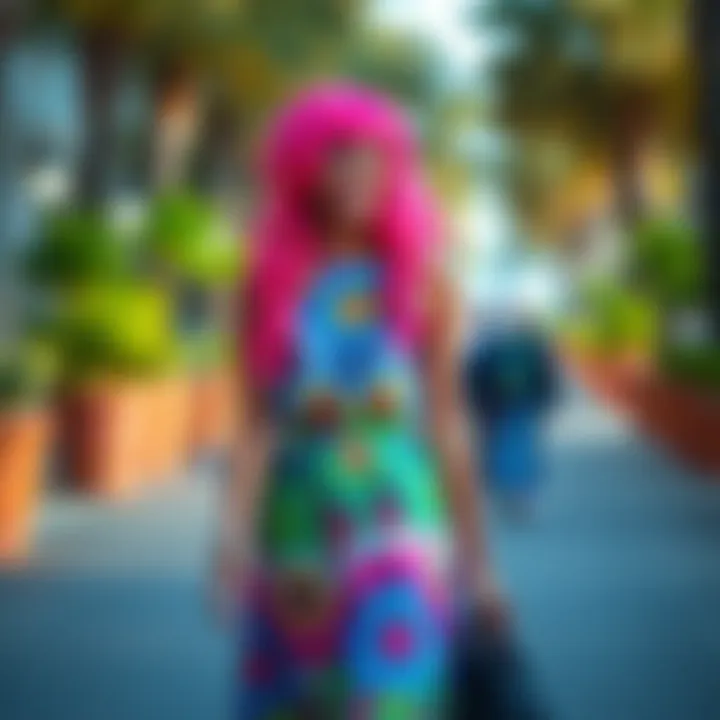 Individual confidently wearing a colorful dress and a new wig, smiling while walking in a vibrant outdoor setting.