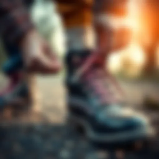 Close-up of a person tightening the laces on a pair of worn boots, highlighting foot care and pain management.