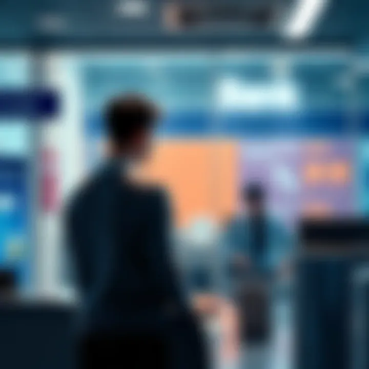 A person standing at a bank counter talking to a teller about cash withdrawal