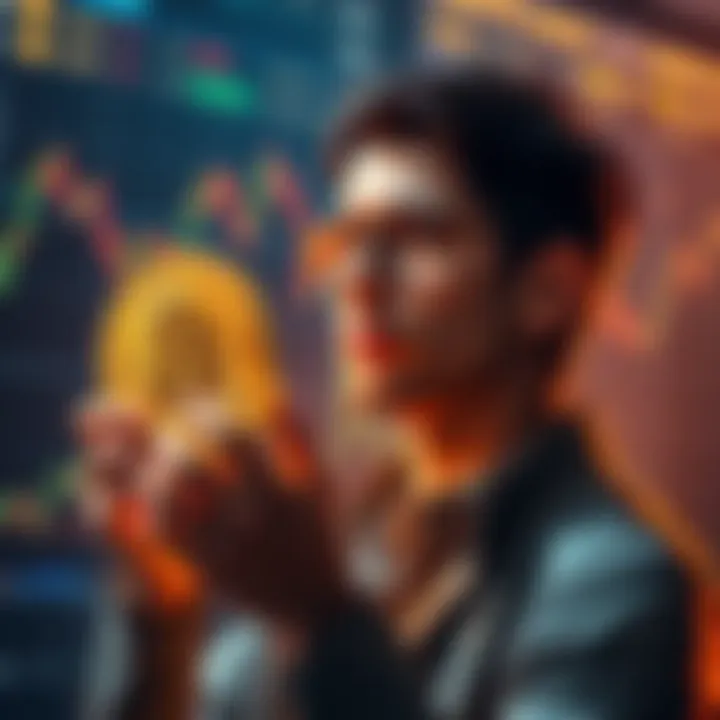 Person betting on Bitcoin A determined individual holding a Bitcoin symbol, looking confidently towards the future, surrounded by investment charts and a sense of risk-taking.