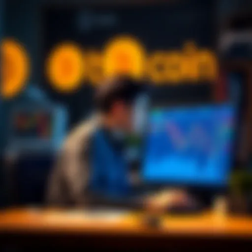 A person sits at a desk, staring at a screen showing declining Bitcoin prices, reflecting regret over recent sales.