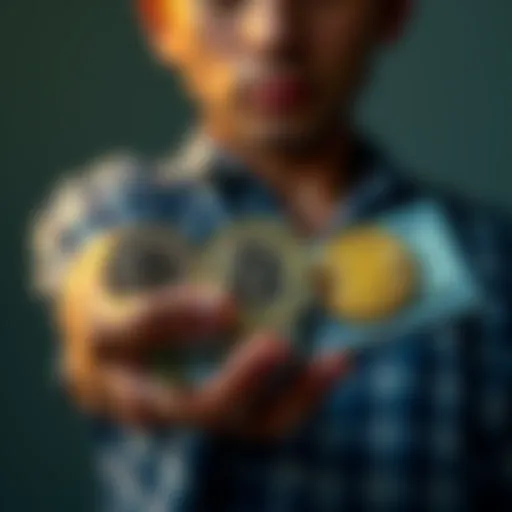 A person holding cash in one hand and a bitcoin in the other, showing the dilemma of managing finances.