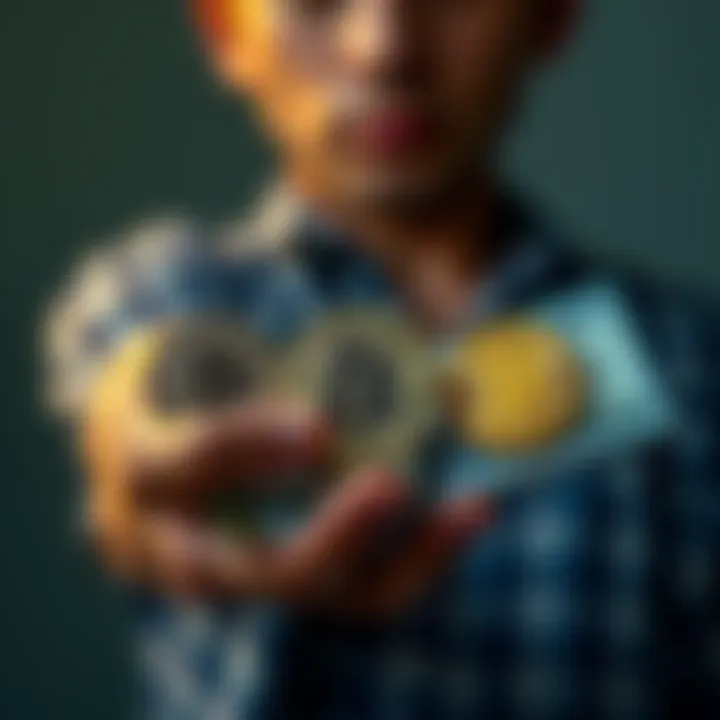 A person holding cash in one hand and a bitcoin in the other, showing the dilemma of managing finances.