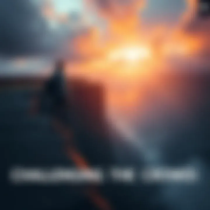 A person gazes out from a cliff, contemplating a path away from danger. The scene captures the tension between the crowd rushing forward and the individual's desire for change.