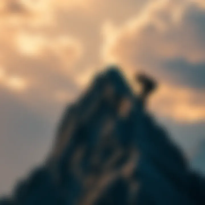 Individual scaling a rocky mountain, symbolizing perseverance in pursuing dreams.