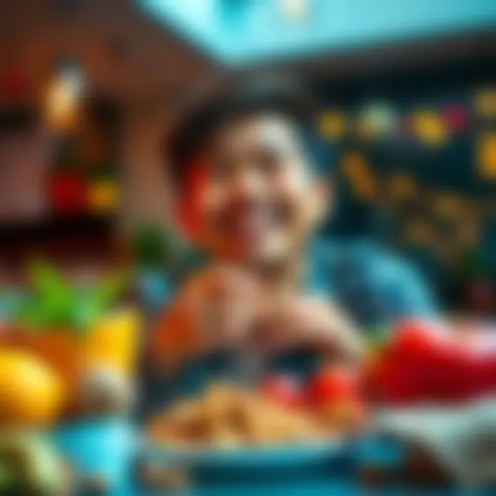 A person smiling while eating a healthy snack, surrounded by fruits and nuts, with a bright atmosphere