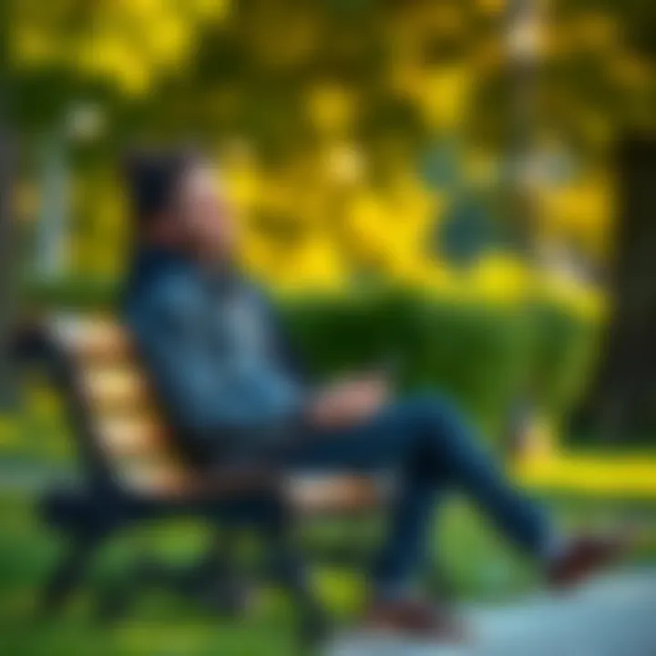 Individual sitting on a park bench, smiling and enjoying nature, neglecting their phone and Bitcoin updates