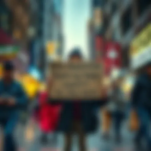 A person stands on a busy street holding a sign asking for financial support to buy more. They look hopeful yet anxious, surrounded by passersby.