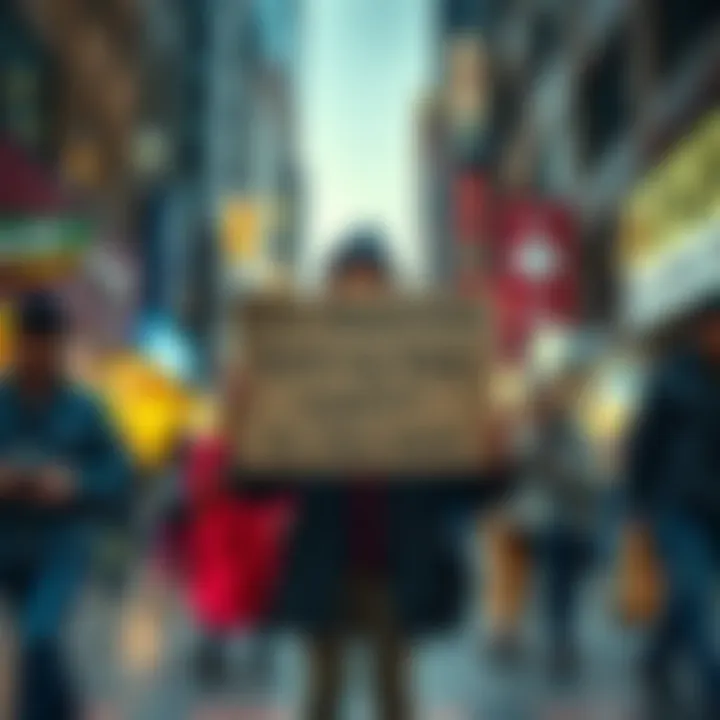 A person stands on a busy street holding a sign asking for financial support to buy more. They look hopeful yet anxious, surrounded by passersby.