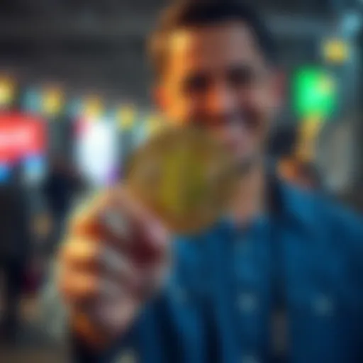 A person confidently holding a Bitcoin symbol with a smile, representing safe purchasing of Bitcoin for beginners