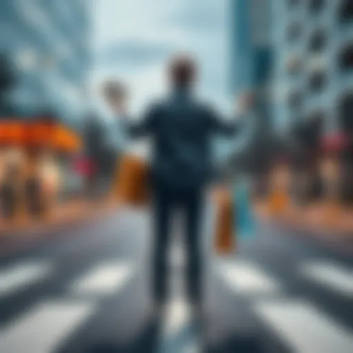 A person standing at a crossroads, holding cash in one hand and shopping bags in the other, symbolizing the choice to save or spend