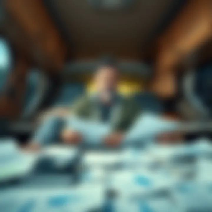 Individual sitting in an RV surrounded by medical bills and documents, looking stressed and worried