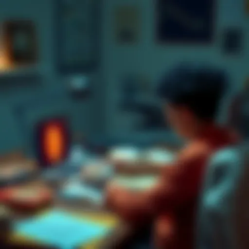 A person sitting at a desk, looking at a laptop with Bitcoin symbols on the screen, surrounded by books and notes about cryptocurrency.