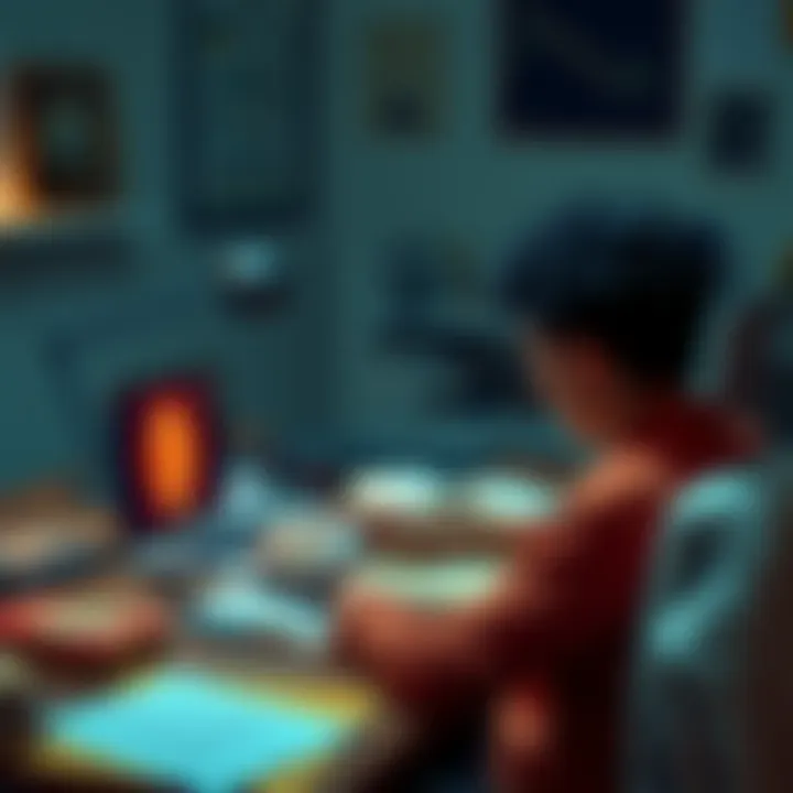 Person learning about Bitcoin A person sitting at a desk, looking at a laptop with Bitcoin symbols on the screen, surrounded by books and notes about cryptocurrency.