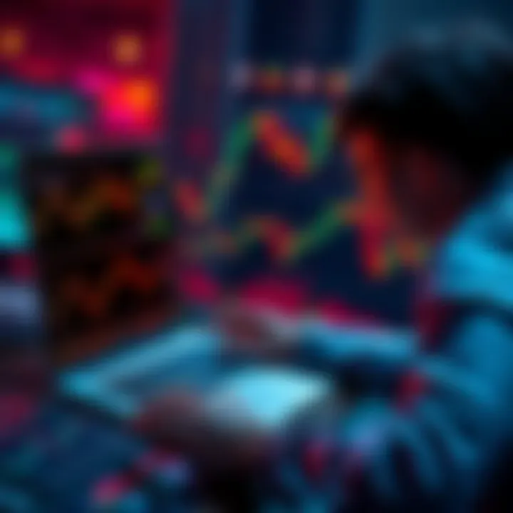 Individual analyzing Bitcoin charts on a laptop after Virwox closure, seeking recovery options for lost investments.