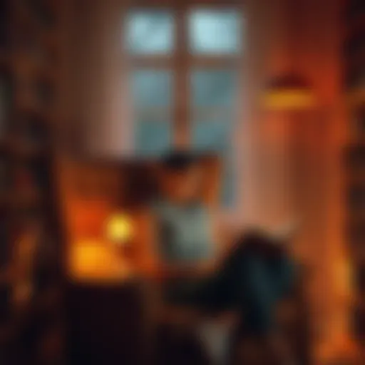A person sitting comfortably in a cozy chair, reading a book with a warm lamp glowing beside them, surrounded by a quiet room with shelves of books.