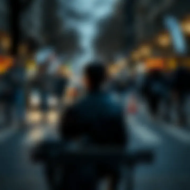 A person sitting on a park bench looking thoughtful, surrounded by rushing crowds, symbolizing the struggle to stay authentic amidst chaos.
