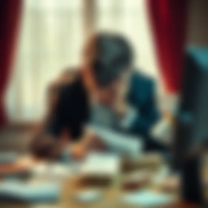 A worried person sitting at a desk with their head in their hands, looking at bills and a computer, symbolizing financial stress and anxiety.