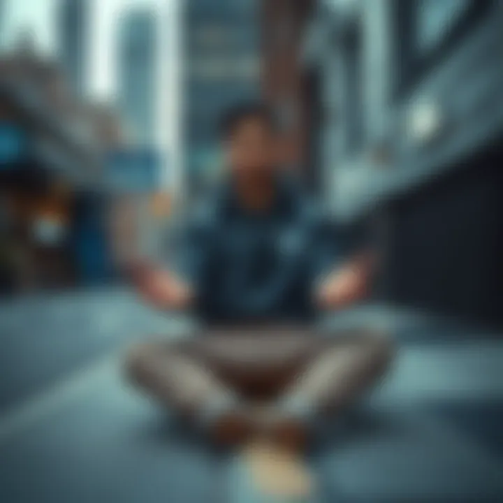 Individual sitting on a city sidewalk, looking contemplative with hands open, reflecting on life without money.