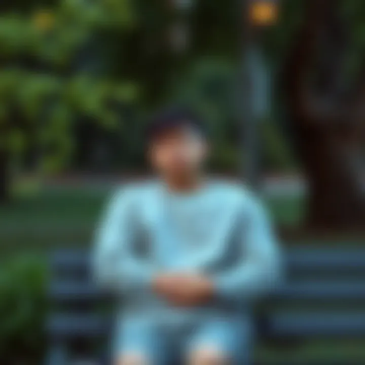 A person with a concerned expression sitting on a park bench, surrounded by greenery, reflecting on their feelings of anxiety
