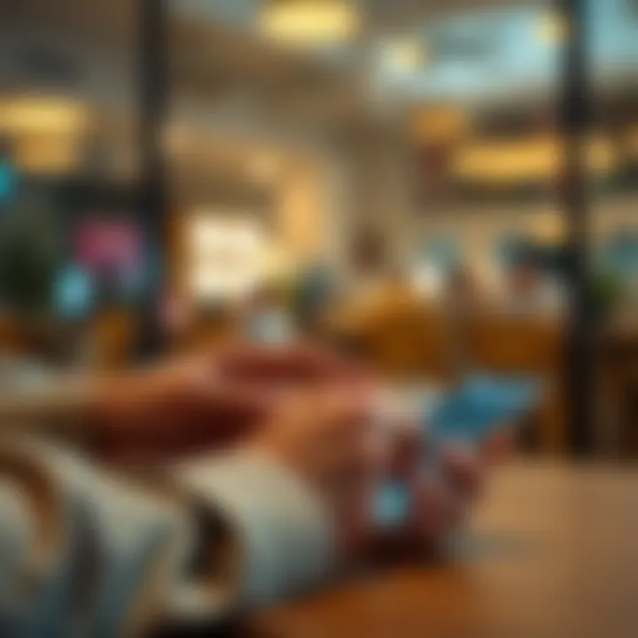 A person checks their bank balance on a phone while sitting at a table