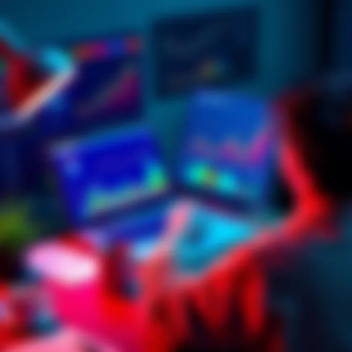 A person sitting at a desk, focused on a laptop with cryptocurrency mining software open, surrounded by charts and graphs that represent investments, while a coffee mug sits nearby, symbolizing their ...