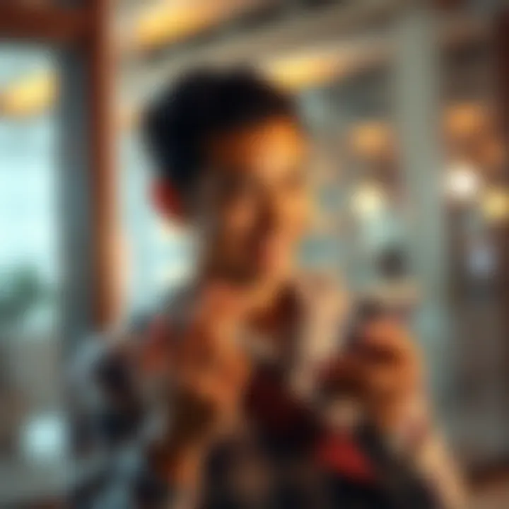 Personal Growth Journey A person smiling and looking at their phone, celebrating their progress on an app