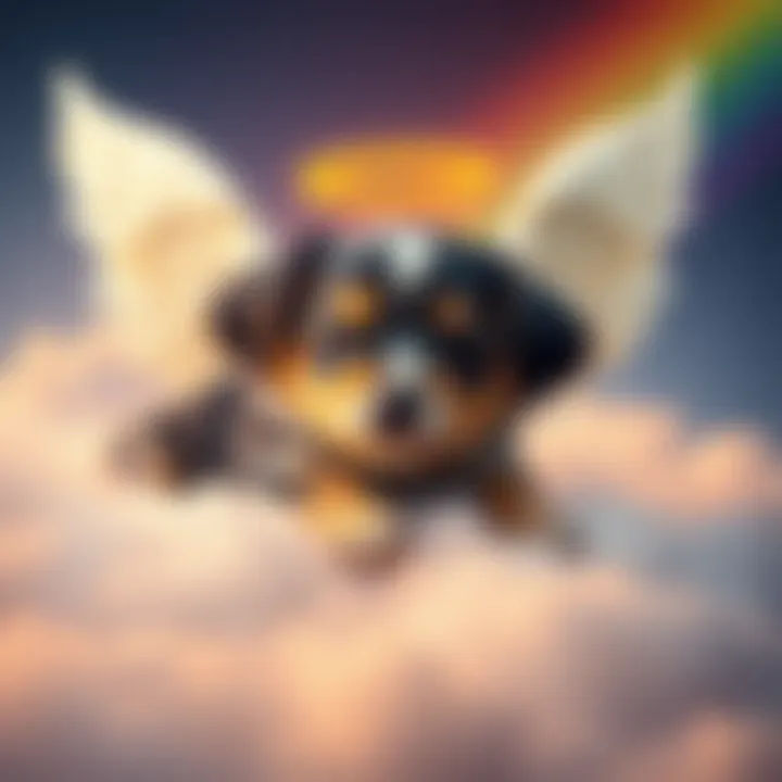 A small dog with angel wings resting peacefully on a soft cloud, surrounded by a rainbow glow