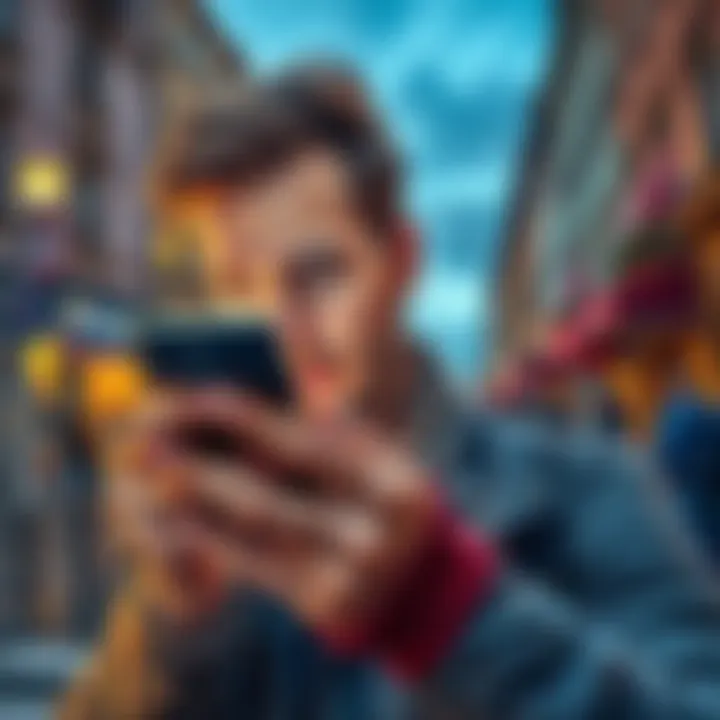 Phishing Scam Alert in Austria A man looking at a phone with a worried expression, seeing a fake parking ticket notification, with a background of a city street in Austria.