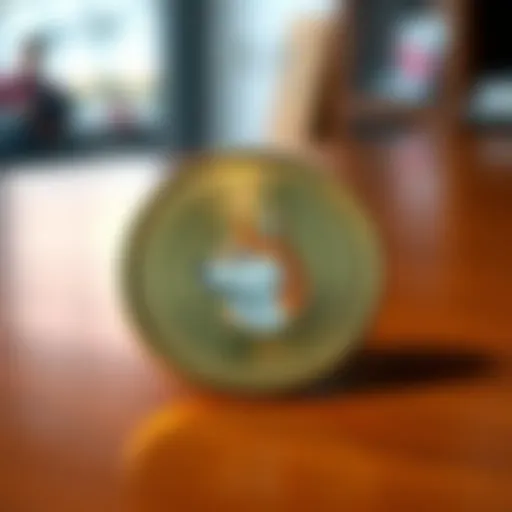 A shiny physical representation of a Dogecoin featuring the Shiba Inu dog logo, placed on a wooden table with a soft light illuminating it.