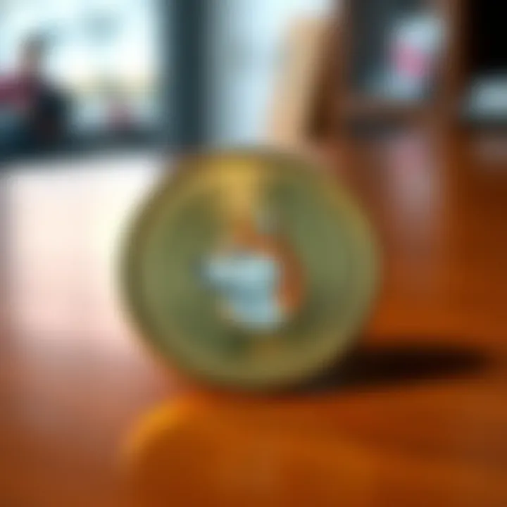 A shiny physical representation of a Dogecoin featuring the Shiba Inu dog logo, placed on a wooden table with a soft light illuminating it.