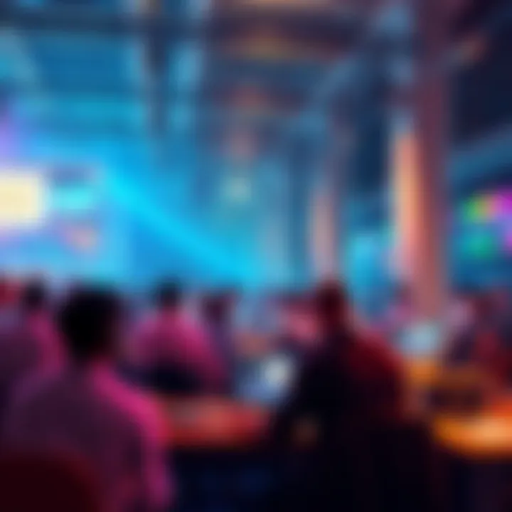 A vibrant scene showing developers at an event, collaborating and sharing ideas about app development.