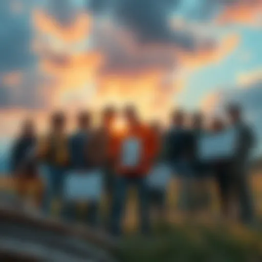 Group of pioneers discussing their concerns about communication with PCT, holding signs and a survey form