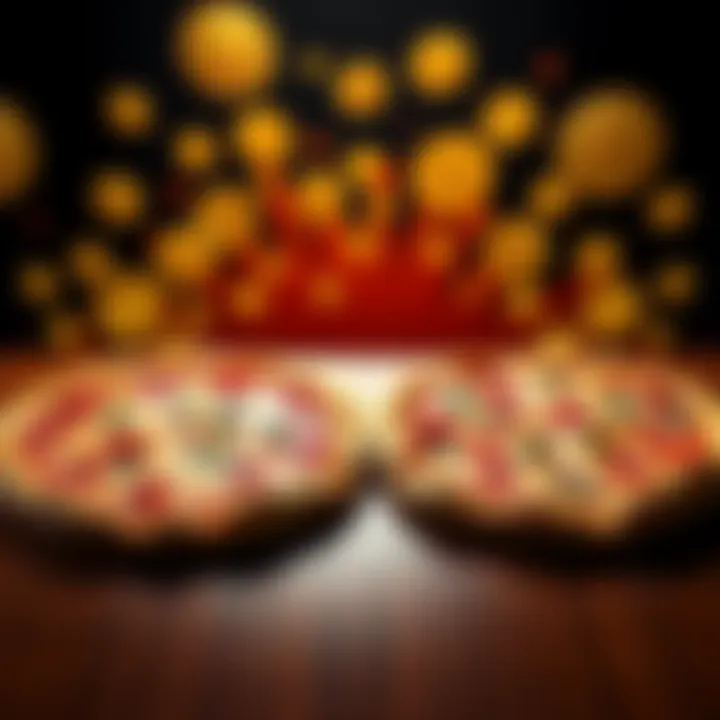 Two pizzas on a table with Bitcoin symbols in the background, celebrating the historic Pizza Day transaction.