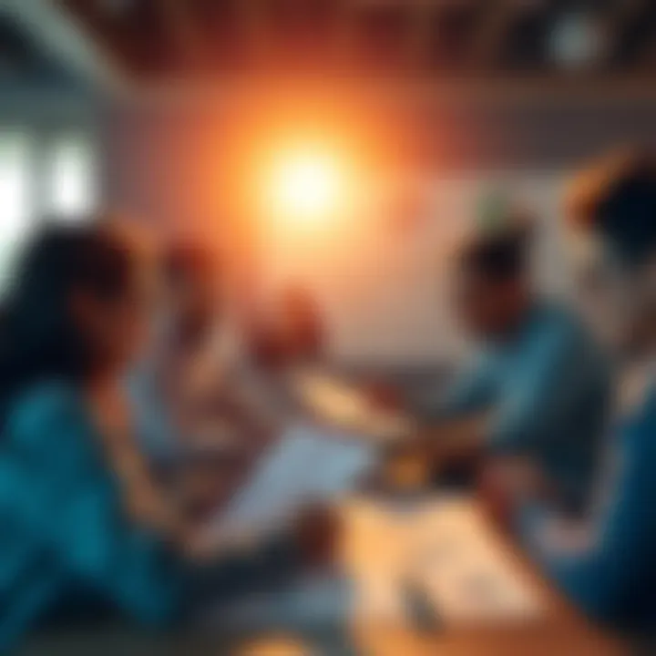A group of diverse people brainstorming plans with charts and notes in front of them.