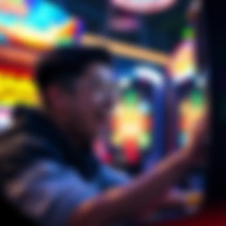 A person playing a mini arcade game, showing excitement after a win, bright lights and colorful graphics in the background.