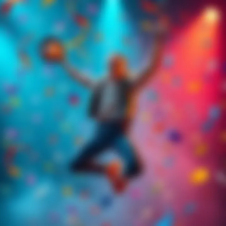 A player jumping in joy after successfully pulling a rare item from a game, with colorful confetti falling around them.