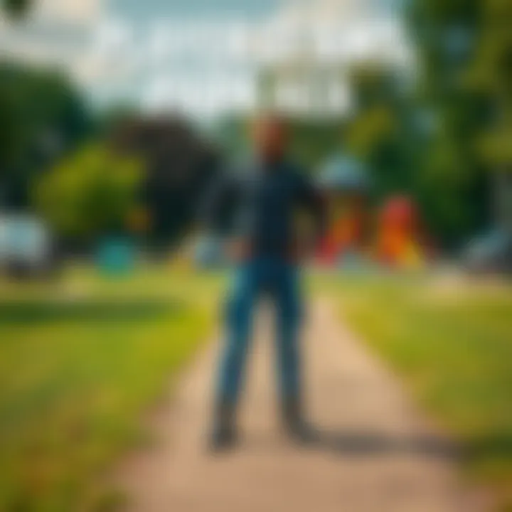 A local player stands proudly in a park they successfully claimed, showcasing their ownership by marking various sections, with greenery and playground equipment in the background.