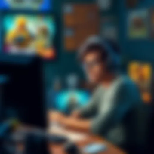 A player sitting at a computer, looking stressed while managing game parcels on the screen, surrounded by notes and game icons, expressing impatience.