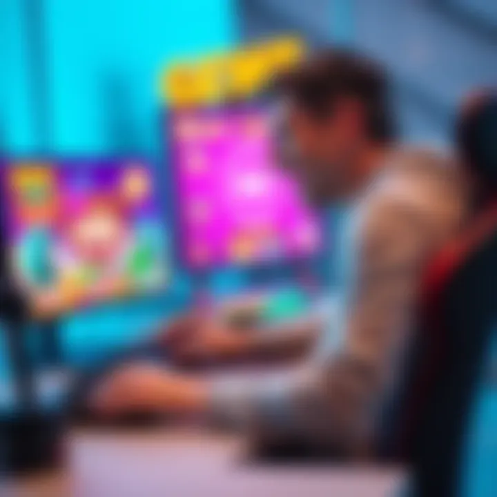 A person sitting at a gaming desk laughing while playing a colorful funny video game, with game characters displayed on the screen.