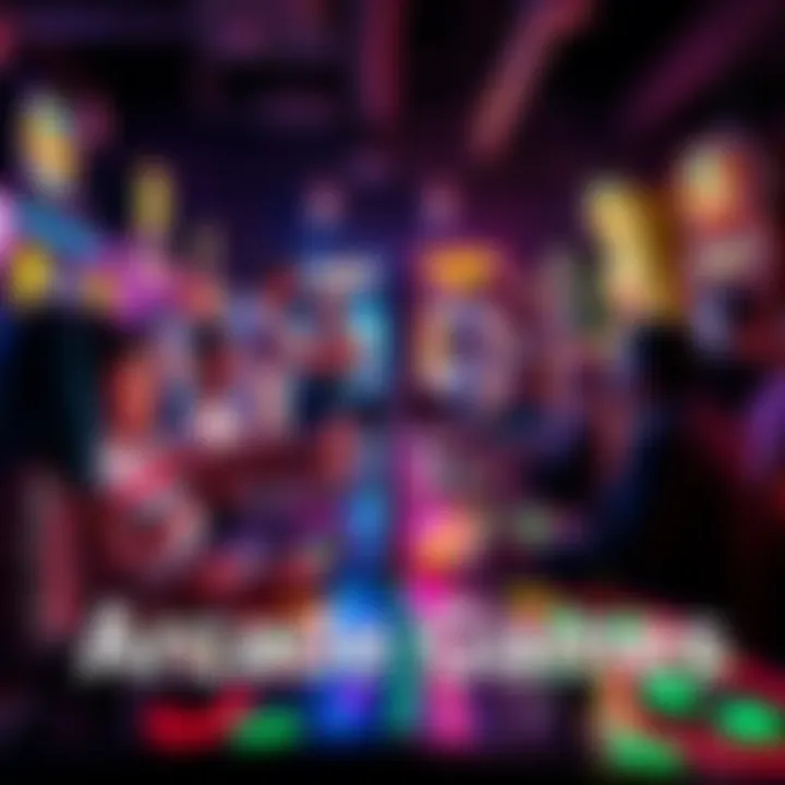 Groups of people playing different arcade games, focusing on their screens and enjoying the experience