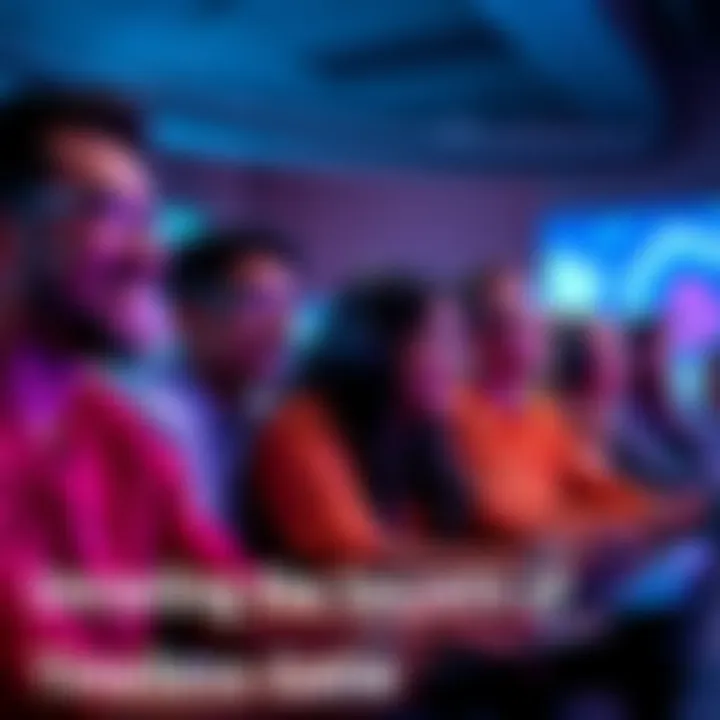 A diverse group of players engaged in an exciting video game session, displaying smiles and focus, with colorful graphics on screen