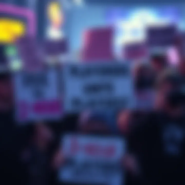 A group of gamers holding signs expressing their concerns about the new 3-hour minigame duration with messages promoting the 2-hour limit